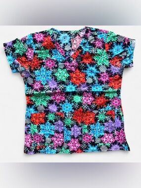 Med Couture Colorful Snowflake Print Scrub Top